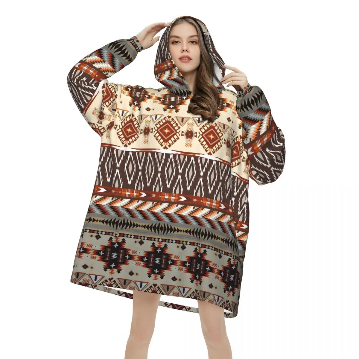 Southwestern Aztec Tribal Blanket Hoodie Wearable Blanket Large with Pocket Warm Sleeping Bag Soft Cozy Onesie