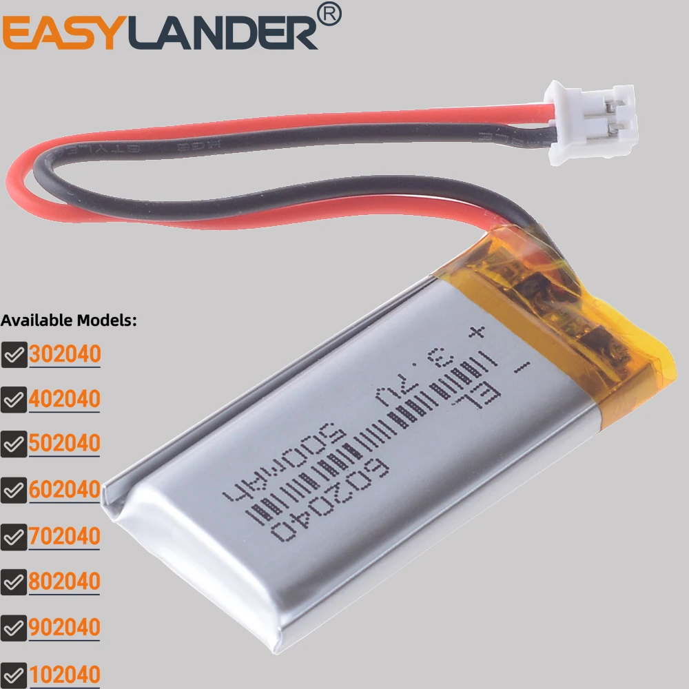 JST2.0mm 2Pin 3.7V 600mAh 602040 Lithium Li-ion Polymer Battery 302040 402040 502040 702040 802040 902040 102040