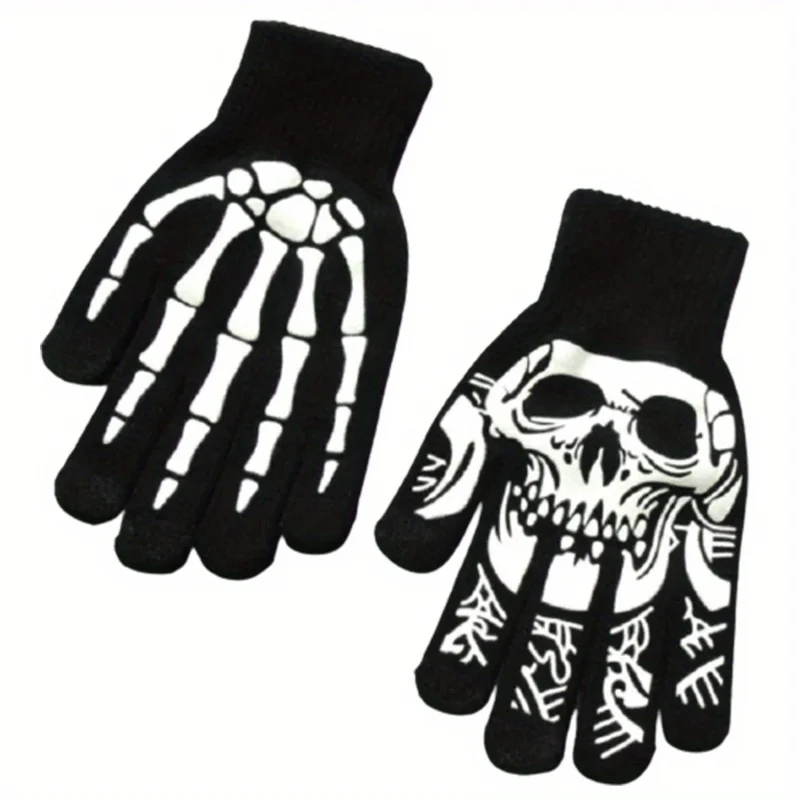 Halloween-Skelett-Handschuhe, 1 Paar – Vollfinger-Strickhandschuhe mit Totenkopf-Aufdruck, gruselige Kostüm-Requisiten für Männer und Frauen