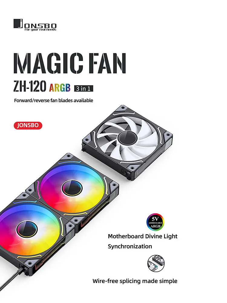 JONSBO JOSBO ZH120W Prism Block Fan Desktop Computer Case Cooling Fan ARGB Forward and Reverse Blade