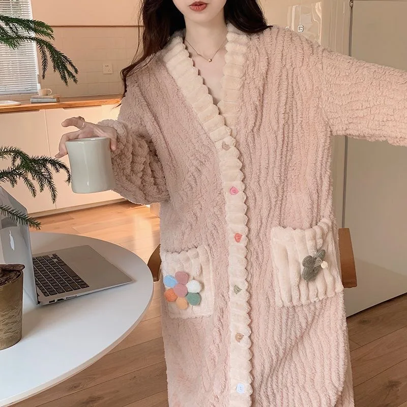 New Girls Winter Thickened Fleece Robe Women Student Warm Cardigan Pajamas Woman Loose Loungewear Lady Daily Casual Nightdress