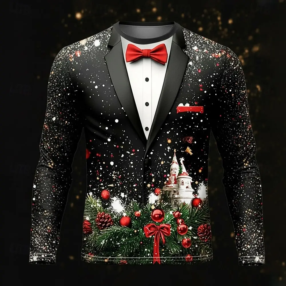 Christmas Men's Christmas Costume Tuxedo Long Sleeve T-shirt 3D Print Crew Neck Shirt Fashion Basic 3D Street Casual Clothing