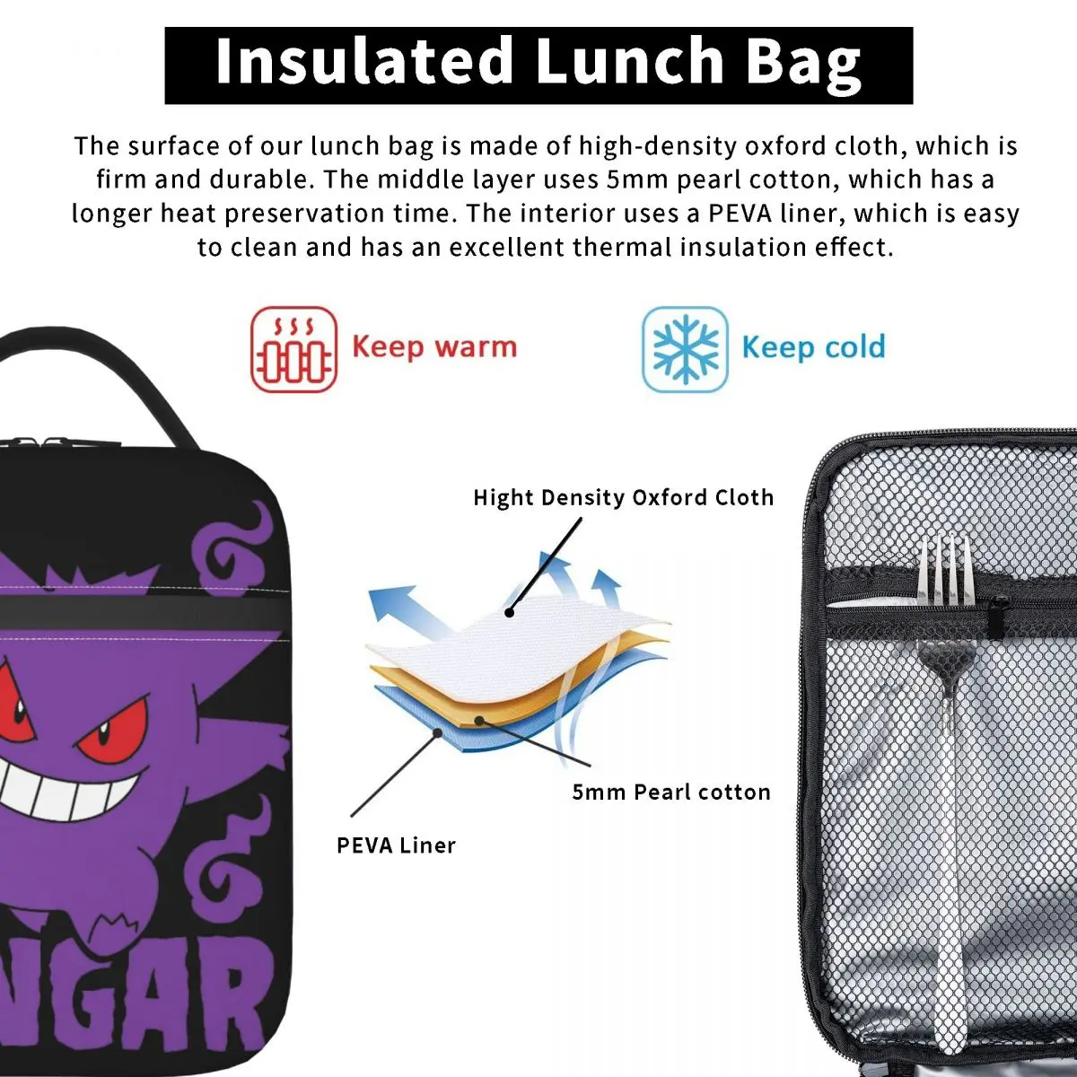 Monster Ghost Japanese Anime Gengar Insulated Lunch Bag Thermal Bag  Meal Container Large Tote Lunch Box Bento Pouch Outdoor