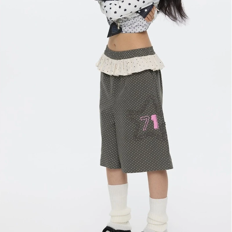 HOUZHOU Gray Letter Graphic Women Pants Y2k Vintage Cutecore Polka Dots Japanese Fashion Ruffles Capris Sweet Straight Baggy