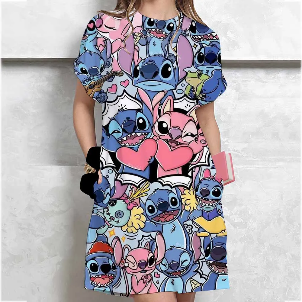 Disney Stitch sukienka z nadrukiem damska kreskówka z krótkim rękawem T-shirt z okrągłym dekoltem sukienka modna spódnica do spania codzienny podstawowy strój