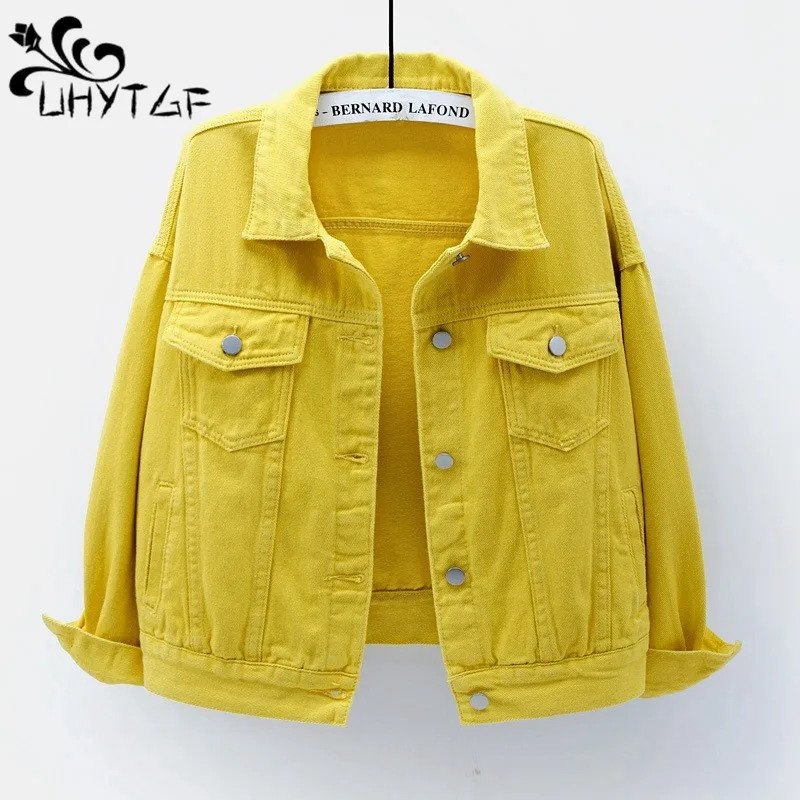 

UHYTGF Denim Jacket For Women Solid Color Button Student Spring Autumn Jeans Coat Female Korean Large Size Short Outewear 4XL395