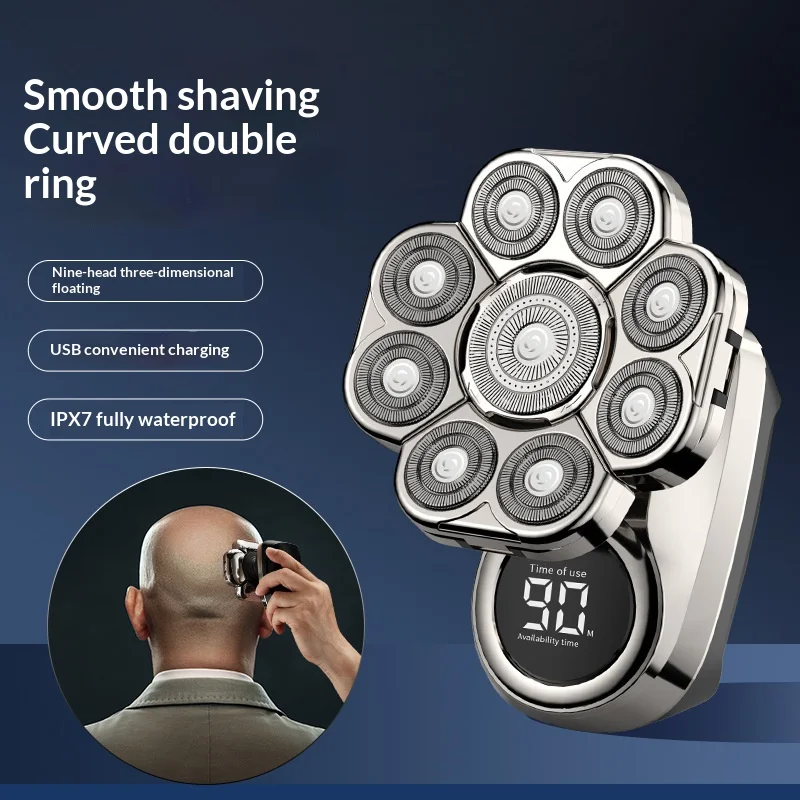 Rechargeable 9‑Blade Floating‑Head Electric Razor, 6‑in‑1 Multi‑purpose Grooming Shaver for Bald Head, Beard