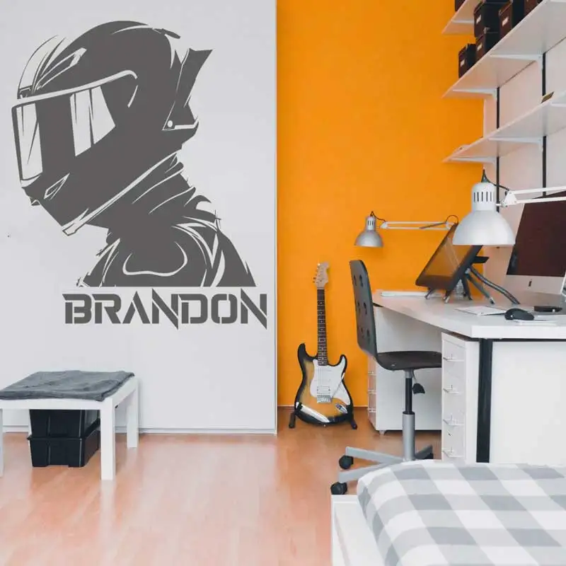 Motorcycle Helmets Personalized Name Vinyl Wall Stickers Motocross Bike Helmet Decals Kids Room Wall Art Decor Stickers Gifts M2