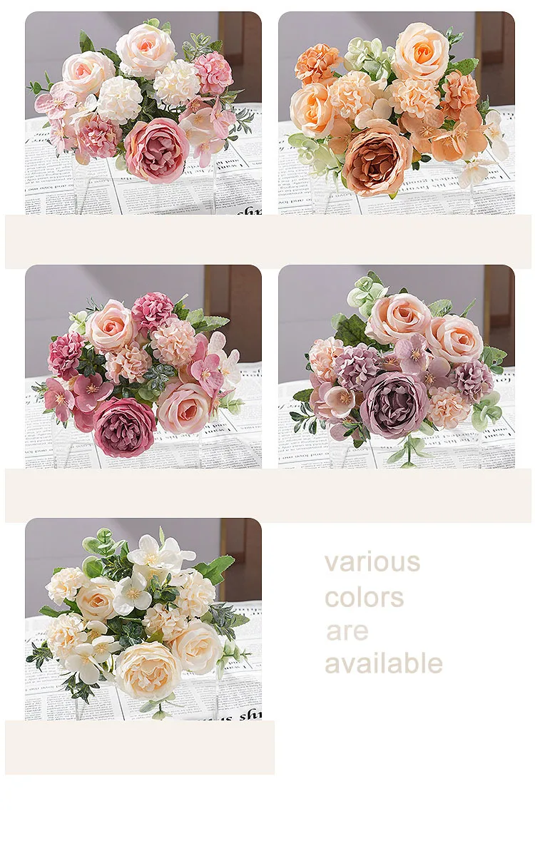 Künstliche Pfingstrose, Hortensien, rosa Rosen, Blumenstrauß, Seidenblumen für Hochzeit, Party, Blumenstrauß, gefälschte Blumenarrangements, Heimdekoration – Detail 3