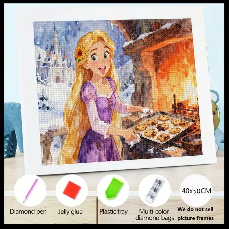 

5D DIY Full Drill Diamond Painting Kit featuring Disney Princess Rapunzel Baking Cookies in a Magical Winter Castle Scene, Cryst