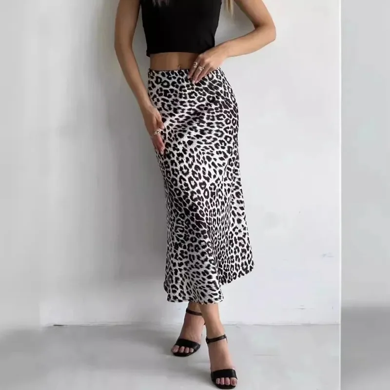 Korean Fashion Women Skirt Satin Lady\'s Elastic Vintage Ankle-Length A Line Skirts for Women High Waist Sexy Leopard Print Skirt