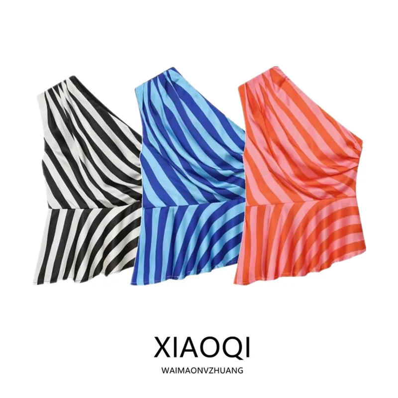 Spring Summer 2026 Asymmetric Striped Single Shoulder Women's Top Fashion Design Slim Fit Outerwear Zipper Closure Vest