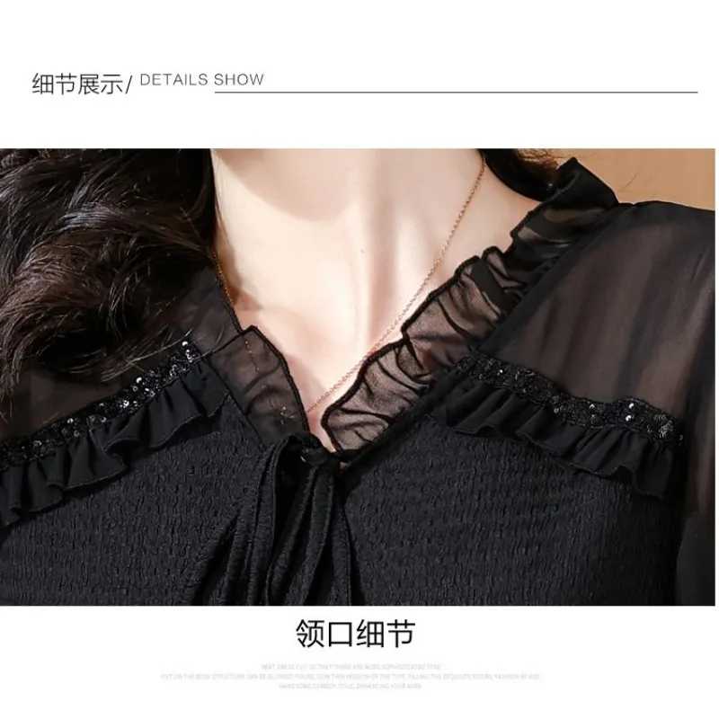 2025 الخريف والشتاء جديد الفرنسية الرجعية الشيفون الخصر الوقوف طوق بلوفر أنيق مزاجه عادية قاع للنساء #6