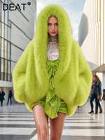 DEAT Fashion Faux Fur Coat Women's Hooded Long Sleeve Green Black Loose Plush Imitation Fox Fur Jacket Winter 2024 New 7AB6469