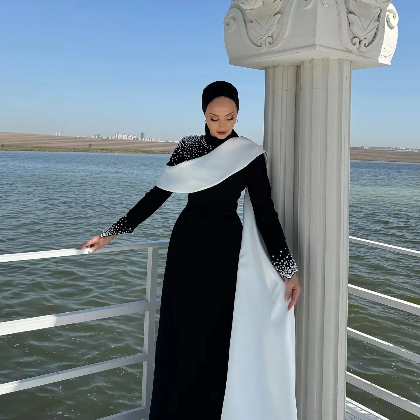 Aenyrst-女性のためのエレガントな黒のイスラム教徒のウエディングドレス,ハイカラー,ビーズのイブニングドレス,床の長さのカスタムドレス,特別な機会