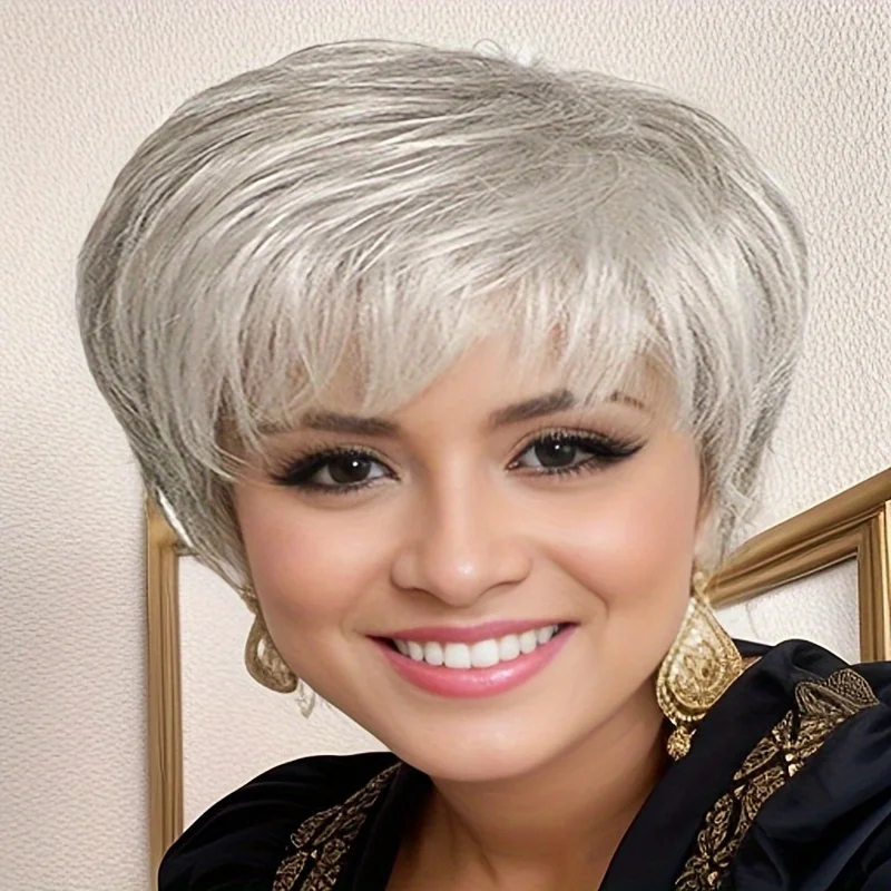 Short Straight Hair for Women Gray Synthetic Wigs with Bangs Soft Healthy Mommy Daily Wig Female Cosplay Party