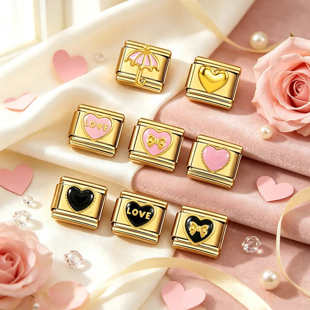 GEMOSA Romantisches Liebesherz 9mm Edelstahl-Anhänger Italienisches Goldfarbenes Schleifen-Regenschirm-Design DIY Armbandherstellung Damenschmuck – Detail 1