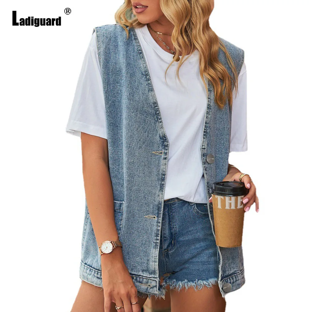 Ladiguard 2024 Single Breasted Tank Tops Long Demin Vest Women Vintage Jean Outerwear Fashion Casual Street Pockets Denim Jacket