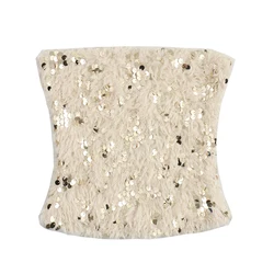 YENKYE Sexy Women Frayed Sequin Strapless Top Elasticated Straight Neckline Chic Party Crop Top High Street ropa de mujer