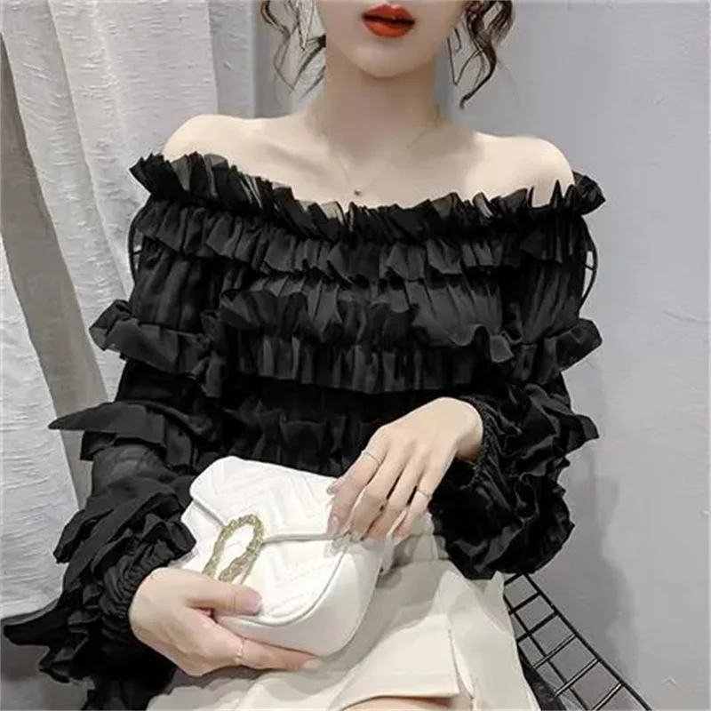 2023 Autumn New Off Shoulder Chiffon Long Sleeve Sweet Temperament Fashion Sexy Versatile Chiffon Top Women Cardigan  Breathable