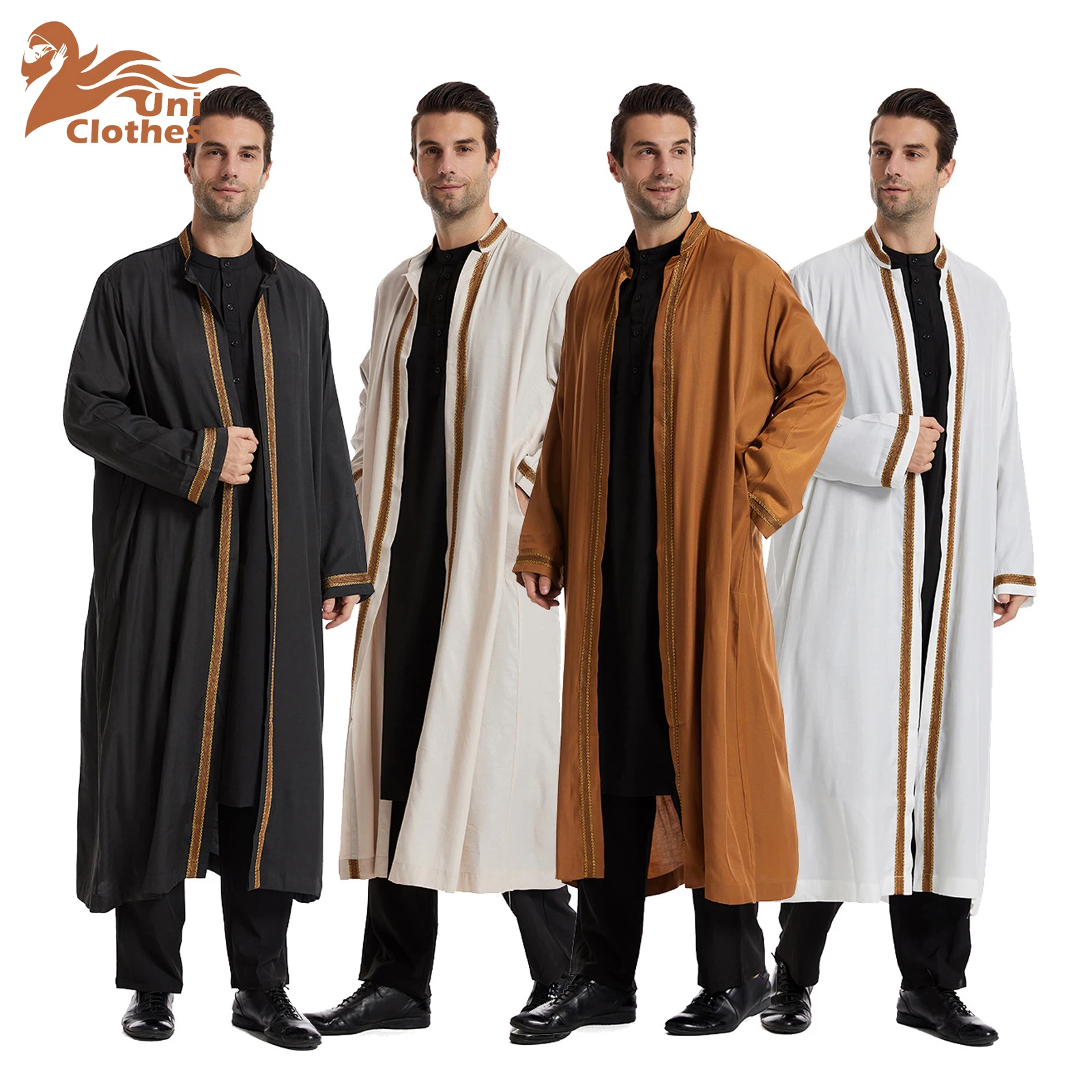 

UNI Men Open Abaya Muslim Saudi Jubba Thobe Islamic Clothing Ramadan Long Sleeve Robe Caftan Dubai Stand Collar Arabic Dress