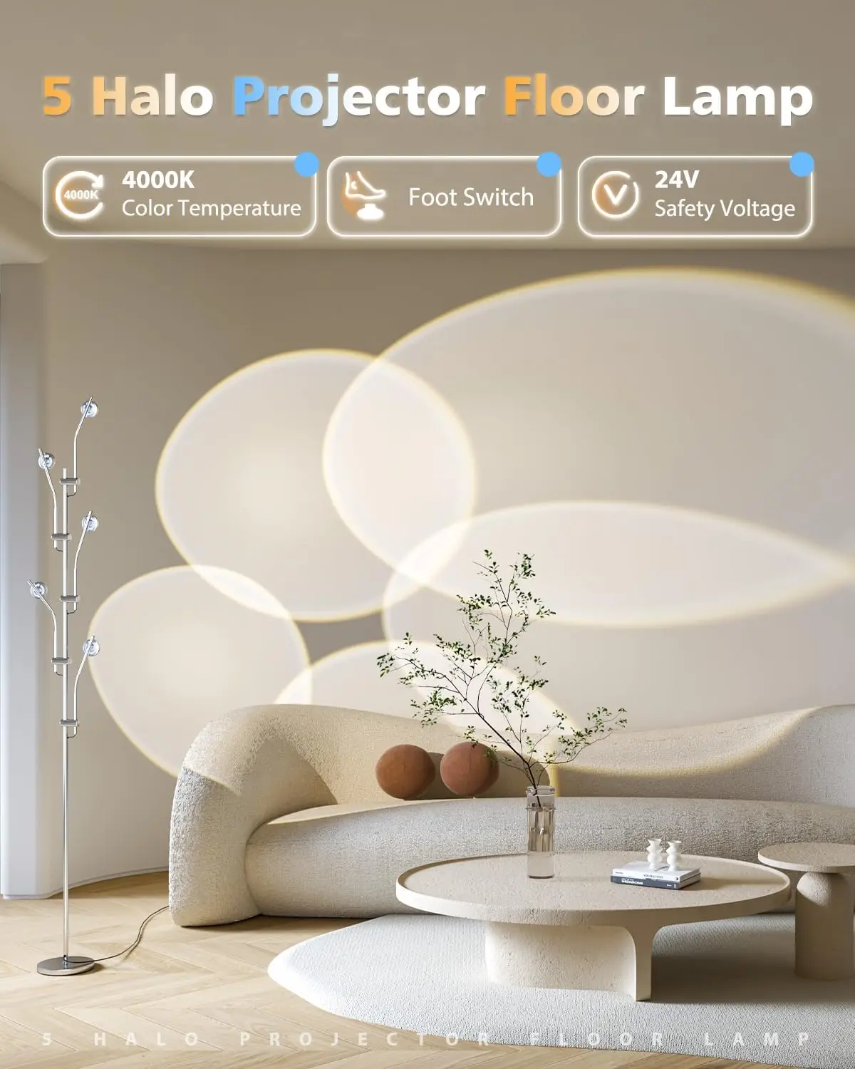 Halo Projector Floor Lamp - 4000K LED Multi Head Floor Lamp | RGB Filters Included - Sunset Projection Ambient Lighting - Mood