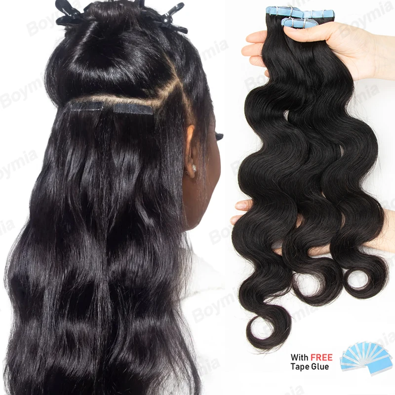 الجسم موجة الشريط في شعر مستعار بشري ريمي الشريط في وصلات شعر لحمة الجلد وصلات شعر طبيعية الجسم نسج 20 قطعة/الحزمة