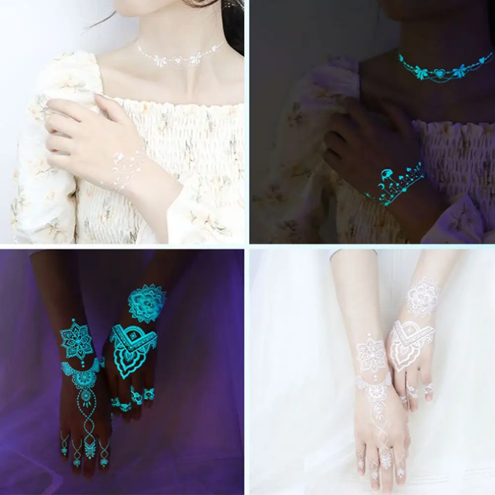 Blue Glow Henna Tattoo Sticker Lasting Waterproof Luminous Temporary Tattoos Glow in the Dark Sweatproof Fake Lace Tattoos