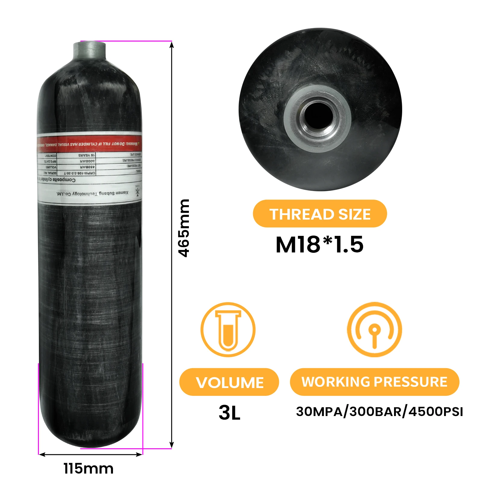 Imagem -02 - Tuxing-alta Pressão Tanque de Mergulho Hpa Garrafa Cilindro de Fibra de Carbono 4500psi 300bar 3l para Rosca de Mergulho M18 x 1.5