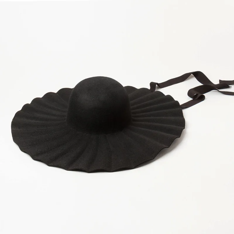 Autumn Winter New Delicate Woolen Shell Crease Big Brim Sun Hat Concave Shape Big Brim Wool Felt Hat