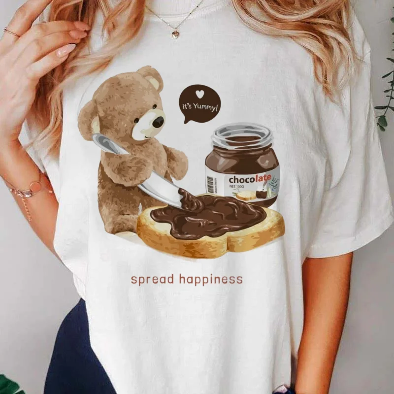 تي شيرت طباعة عادية تنوعا المرأة الدب نمط لطيف الأبيض قصيرة الأكمام المرأة شعبية س الرقبة الأساسية موضة تي شيرت #2