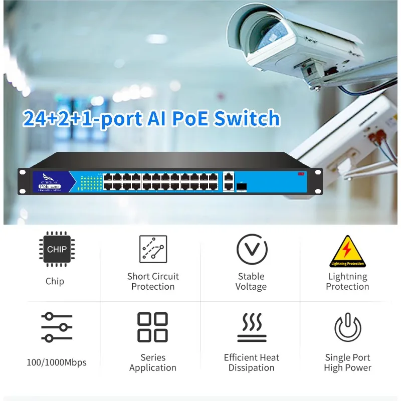 24+2+1 Gigabit 27 Port PoE Network Switch Rack Mounted IEEE802.3af/at Standard 52V/7.3A 380W SNMP Enabled