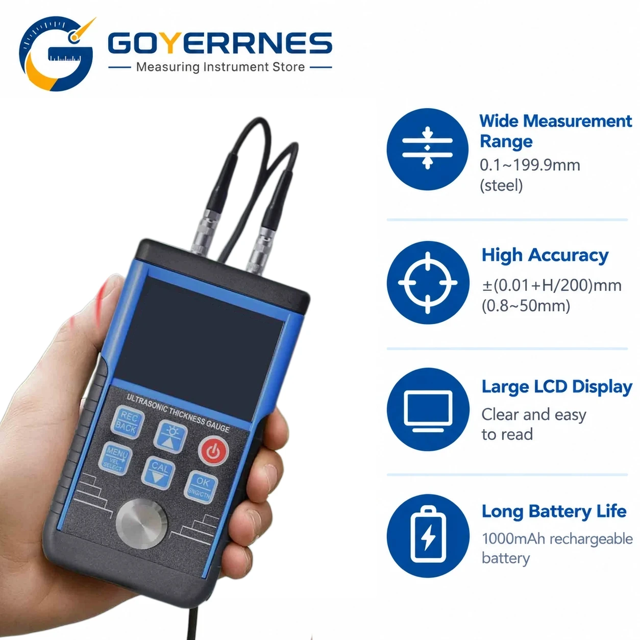 Ultrasonic Thickness Gauge 1-350mm 0.01mm Resolution 5MHz Probe for Steel Aluminum Metal Testing