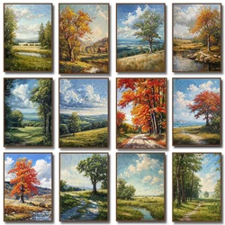 Valley View Mountain Cabin Autumn Path Summer Meadow Tree Forest Cloud Poster Canvas Painting Print for Living Room Home Decor