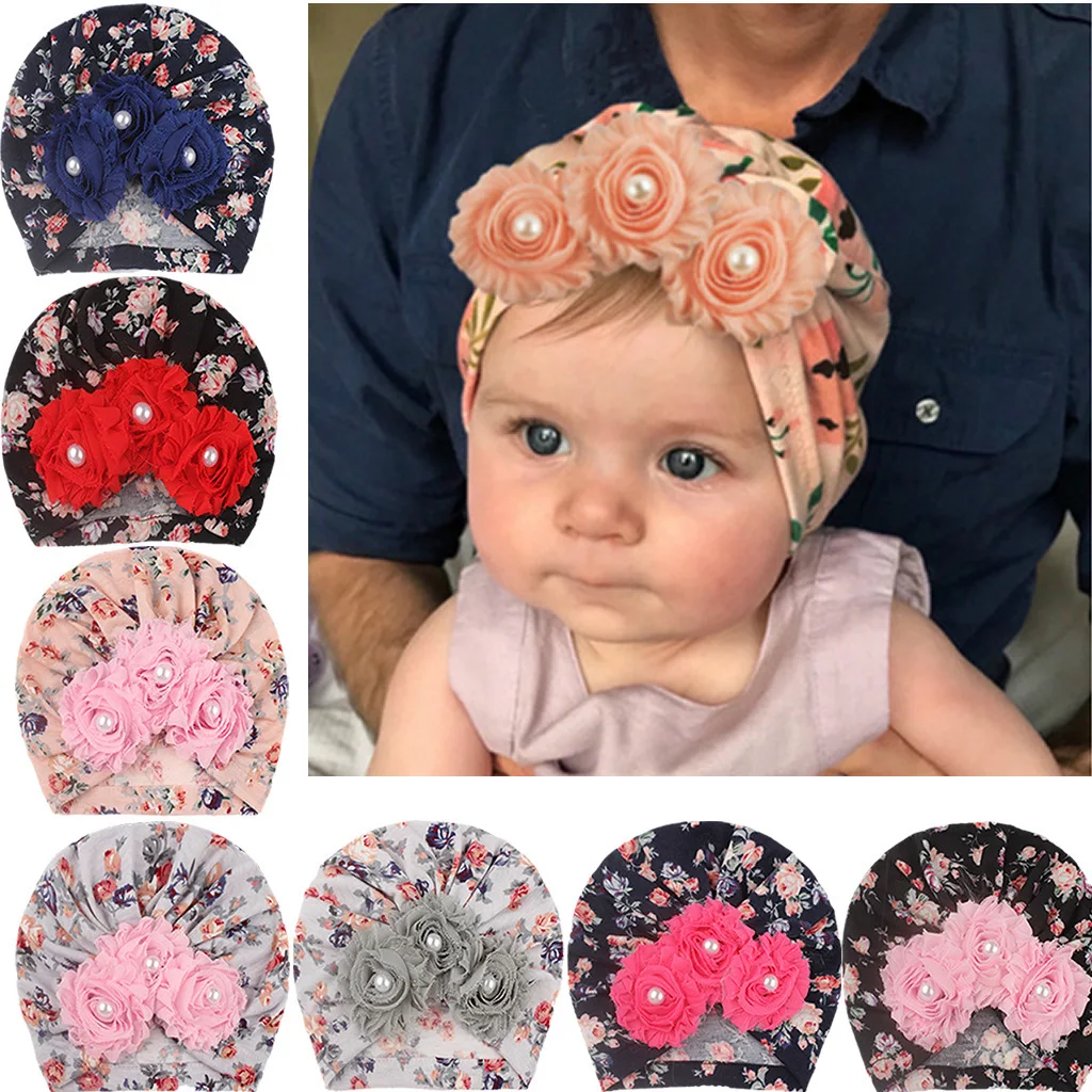 Baby Hat Sweet Floral Print with Lace Flower Decor Infant Toddler Soft Skin-Friendly Turban Head Wraps Cute Hair Accessories