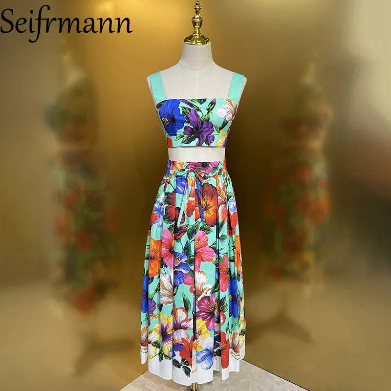

Seifrmann summer new women's clothingCasual printed cotton two-piece square neck sleeveless top high waist skirt suit