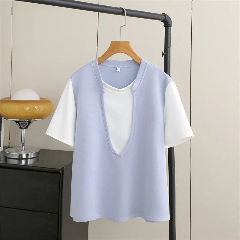 

Women Plus Size Short Sleeve T-shirt 2026 Summer Fake Two Piece Color Block Casual Fashion Tops 2607