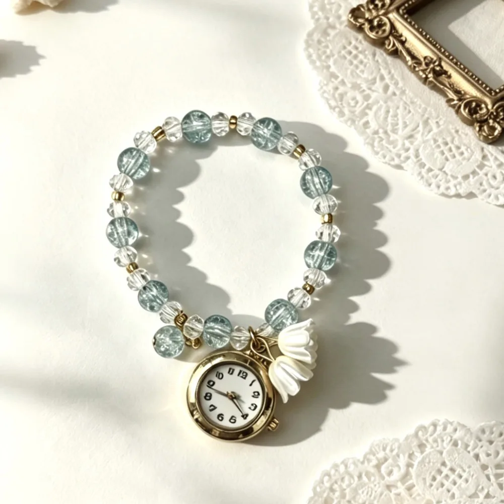 New Beaded Bracelet Watch with Flower Pendant Handmade Chain Watch Quartz Watch for Women Girls