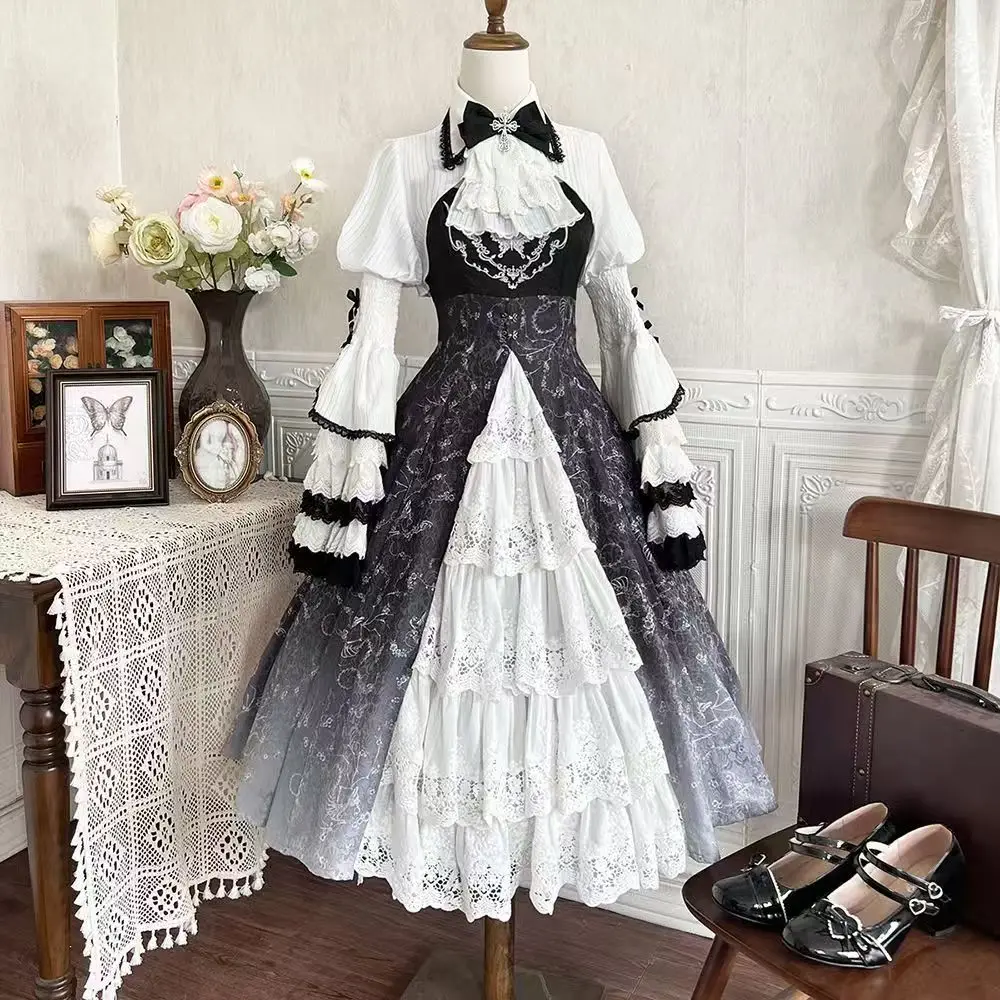 

2025 new Lolita Halloween Horn Long Sleeve Shirt Suspender Dress High-end Lolita Original Skull Magic High Waist Long Dress Set