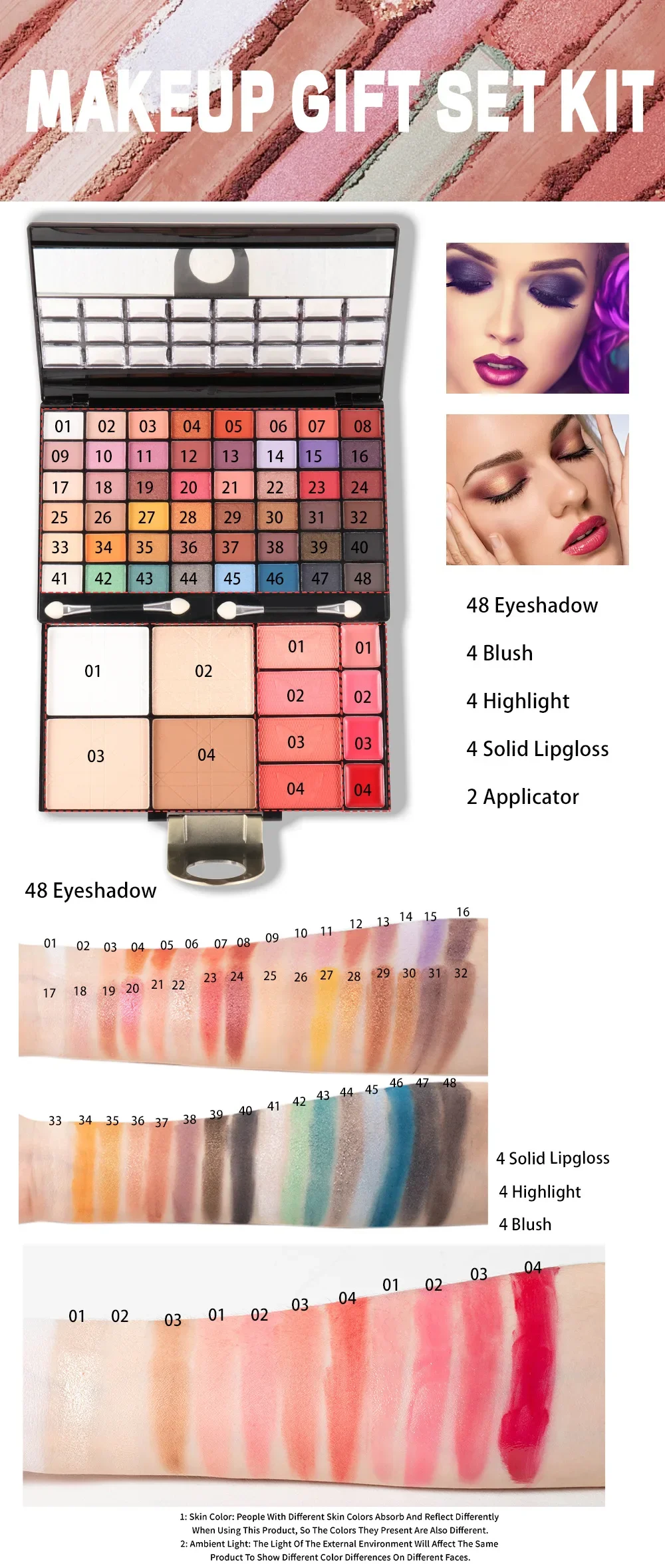 MISS ROSE Pro Makeup for Women Full Kit All in One Make-up Gift Sets Eye Shadow Eyebrow Lipstick Eyeliner Blush Brush Palette