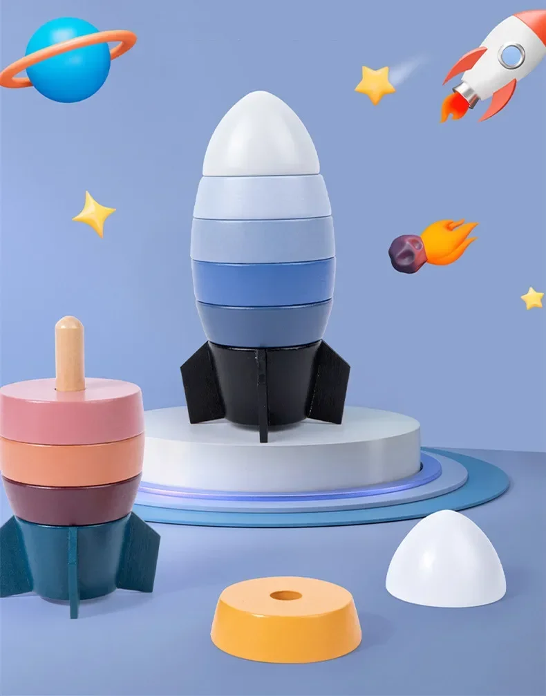 

[Funny] Wooden space rocket column Montessori Educational Toy Color Shape cognition early education toys baby birthday gift