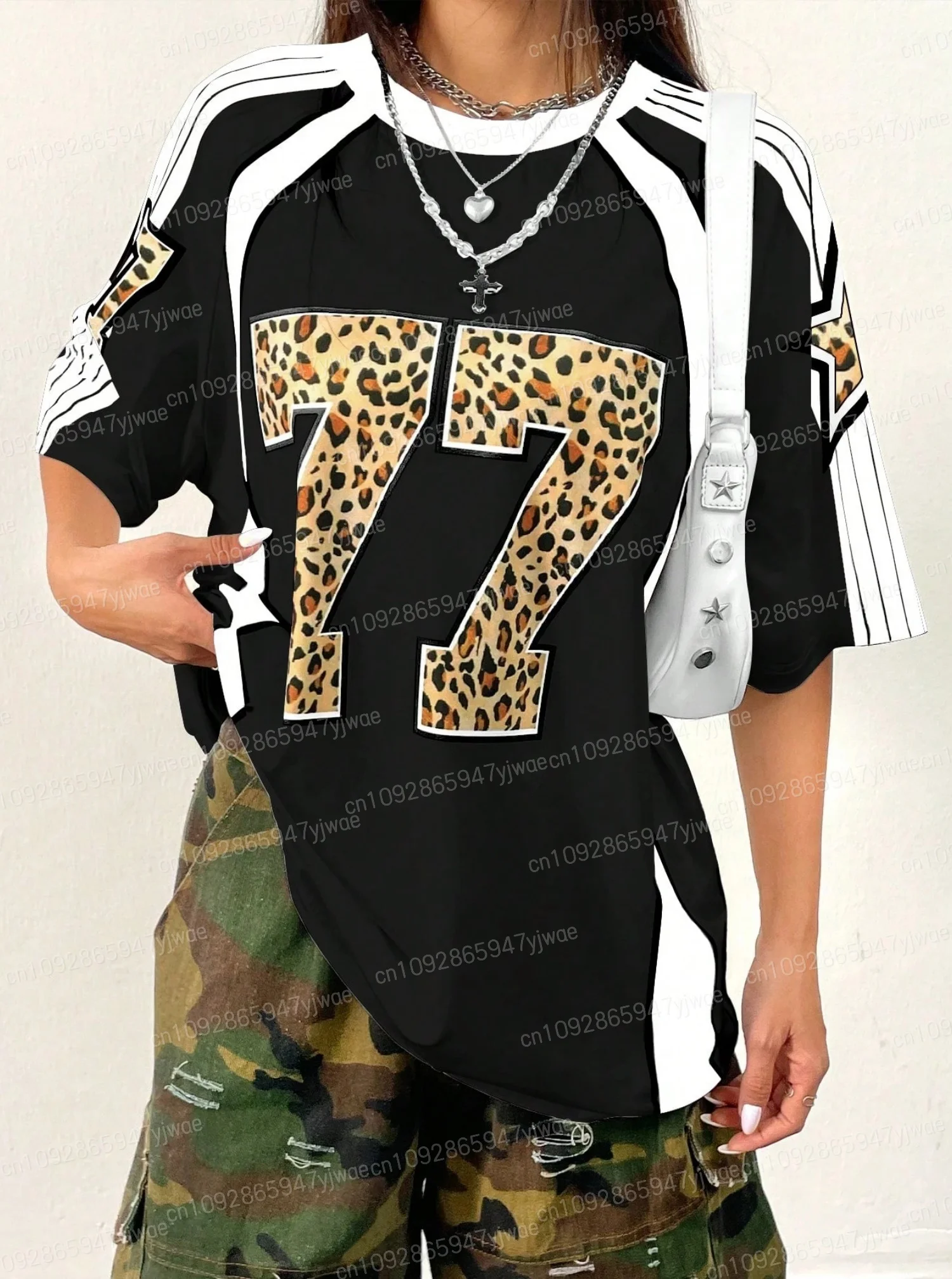 

Number 77 Spliced Color Jersey O-neck Vertical Stripe Hip-hop Street Style Summer Sports Casual Short Sleeved Women's T-shirt