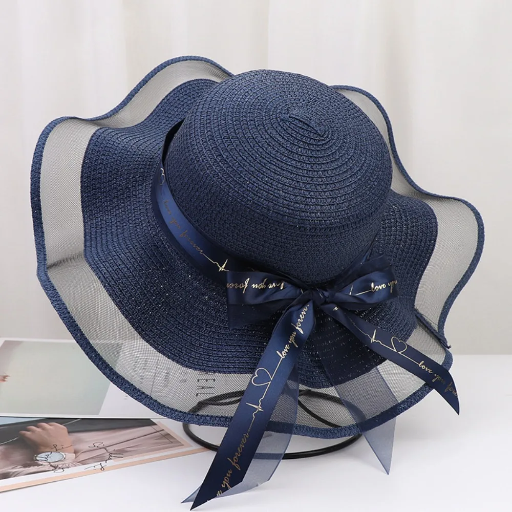

Fashion UV Protection Bow Straw Hat Bowkont Ribbon Beach Hat Foldable Boho Sun Protection Cap Outdoor
