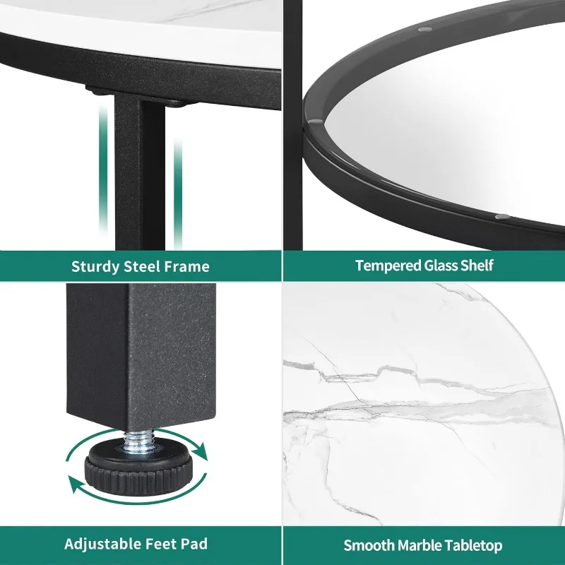 Mesa de centro redonda de mármol blanco con vidrio para sala de estar, mesa de centro circular de 2 niveles con almacenamiento, mesa de centro transparente