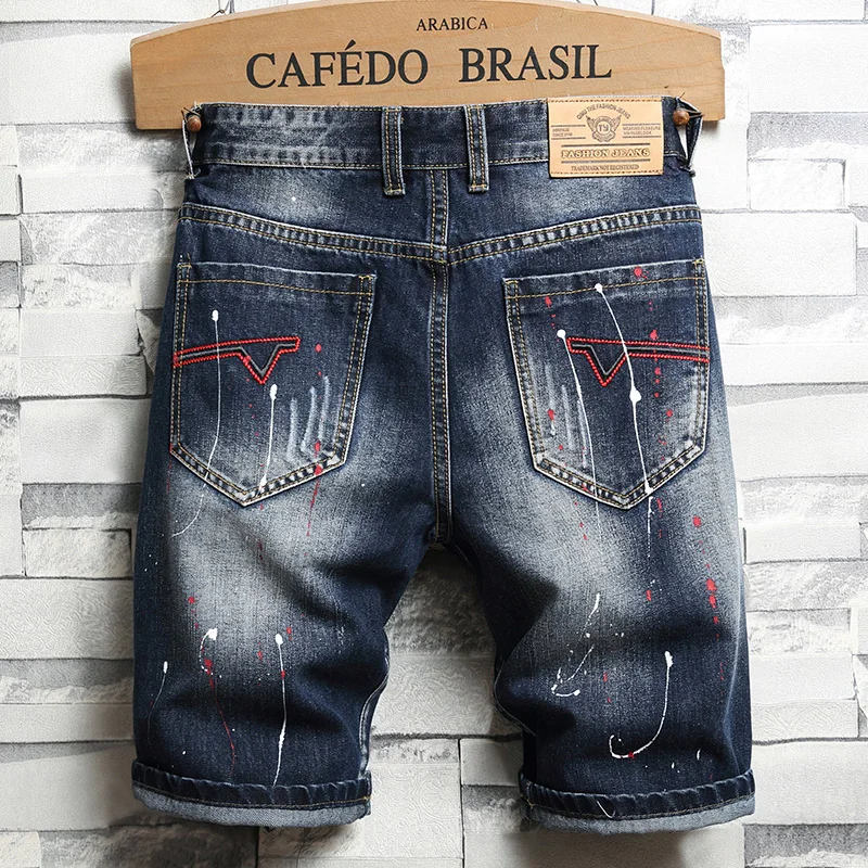 Pantalones cortos vaqueros rasgados con grafiti para hombre, ropa de marca de alta calidad, parche Raggedy de cinco centavos, 2022