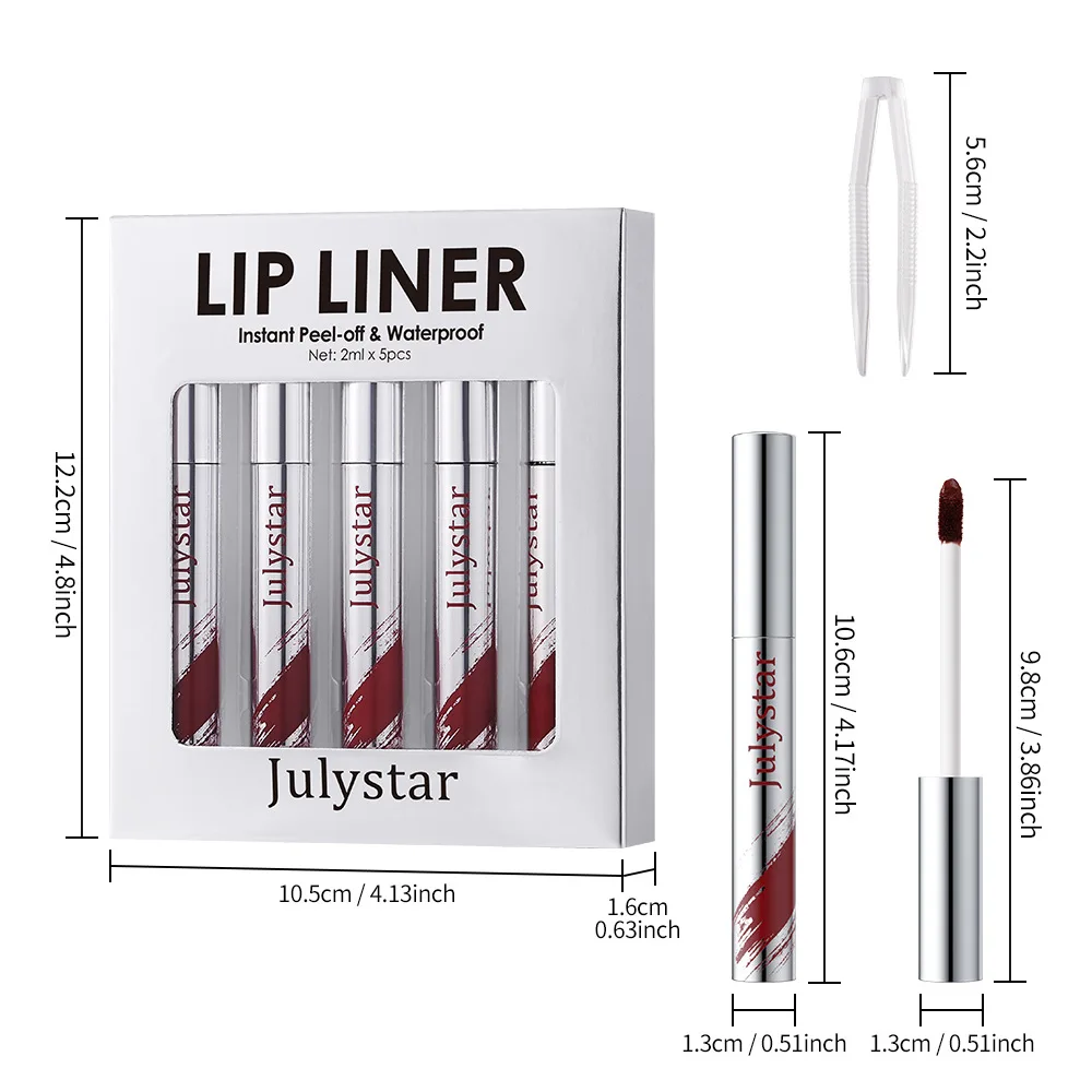 5-delige Peel Off Lip Liner Pen Set, langdurige waterdichte en veegvaste Peel Off Lip Liner Vlek, Peel Off Lipstick Natuurlijke Lip