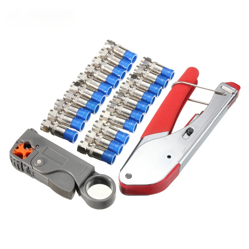 

Wire Stripping Squeezing Pliers Coaxial Cable Cold Press Clamp RG59 RG6 Cable TV Crimping Tool Set with 20 F Heads