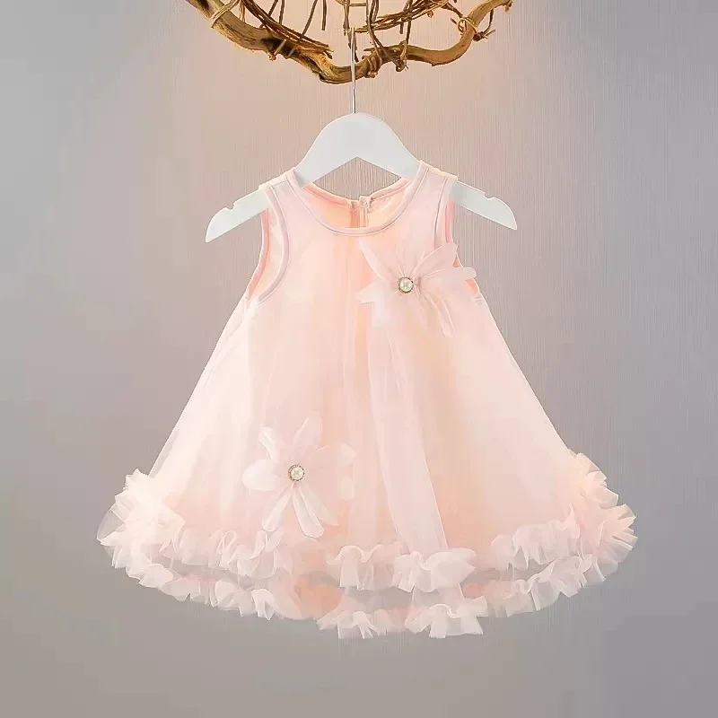 Novo Vestido de Princesa Rosa de Tule para Bebês Meninas 2026 com Apliques de Flores 3D Fofos, Bainha com Babados, Modelo Evasê, Vestido de Festa para