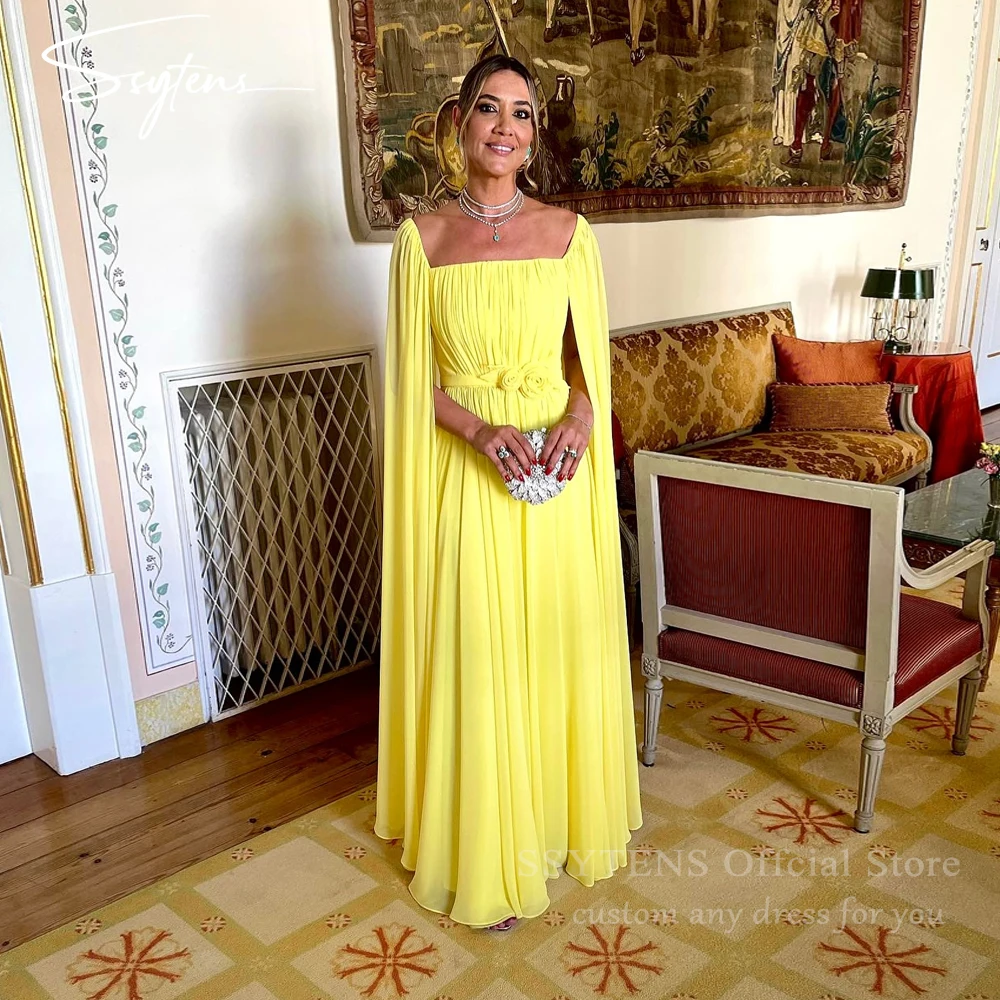 

SSYTENS Yellow Chiffon Prom Dresses Long Cape Sleeves Floor Length Evening Gowns Flowers Wedding Party Dress Vestido de noche