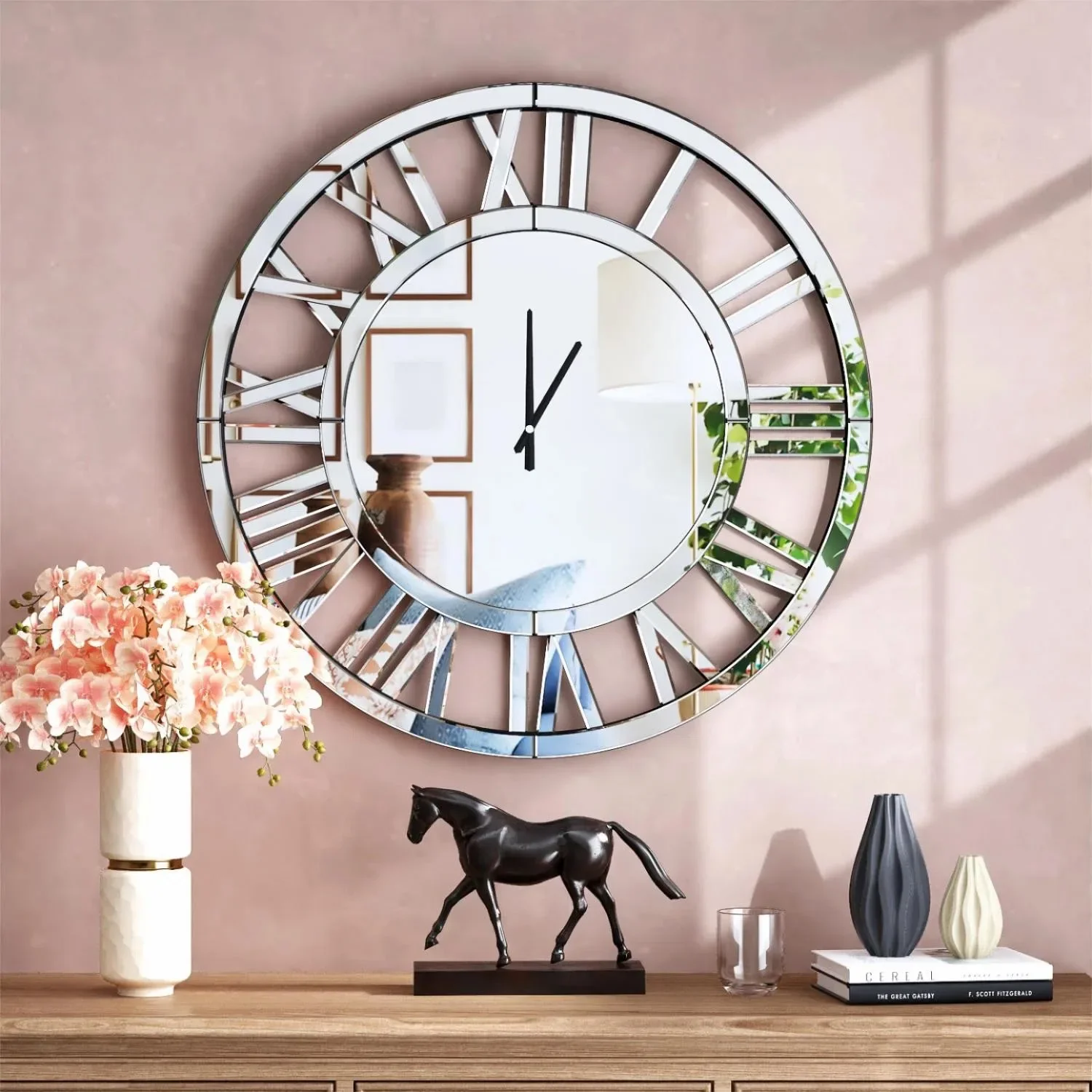 Modern Home Art Decor Roman Numeral Round Mirror Wall Clock